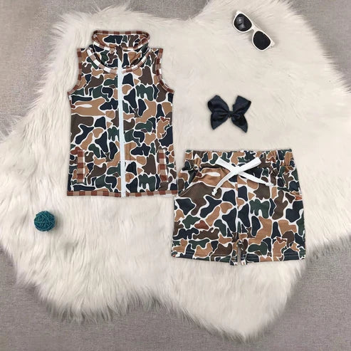 BT0856+SS0359 Baby Boys Sleeveless Western Brown Camo Zipper Vest Top Pockets Shorts Set 4.24