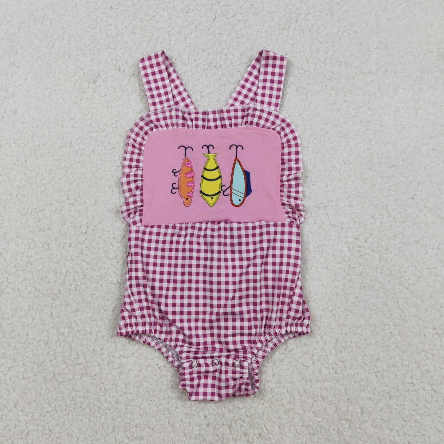 SR3414 Embroidery Fishing Baby Girls Pink Checked Strap Checked Hunting Ruffle Romper C12.9