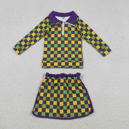 GLD1362 Baby Girls Mardigras Checked Zipper Pullovers Skirt Shorts Yoga Clothes Set C12.15