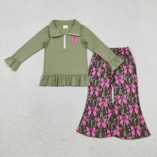 GT1272+P0896 Embroidery Bows Baby Girls Olive Zipper Pullovers Camo Bell Bottom Pants Clothes Set C11.24