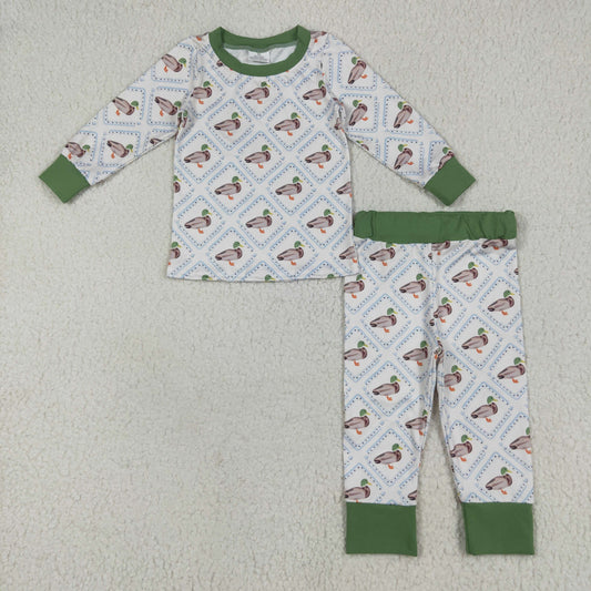 BLP1086 Baby Boys Long Sleeves Green Ducks Plaid Top Pant Pajamas Set 6.24