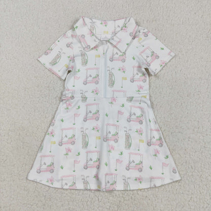 GSD2410 Baby Girls Short Sleeves Pink Flowers Golf Zipper Knee Length Dress 4.29