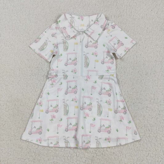 GSD2410 Baby Girls Short Sleeves Pink Flowers Golf Zipper Knee Length Dress 4.29