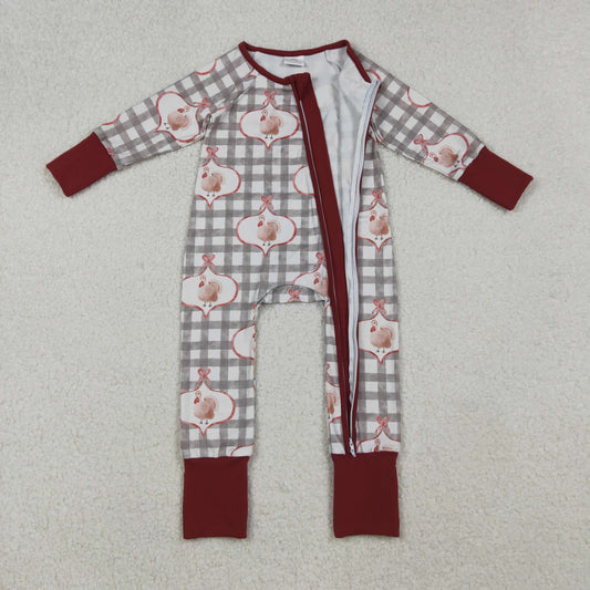LR2691 Baby Boys Green Checked Turkey Thanksgiving Zipper Footie Romper C10.10