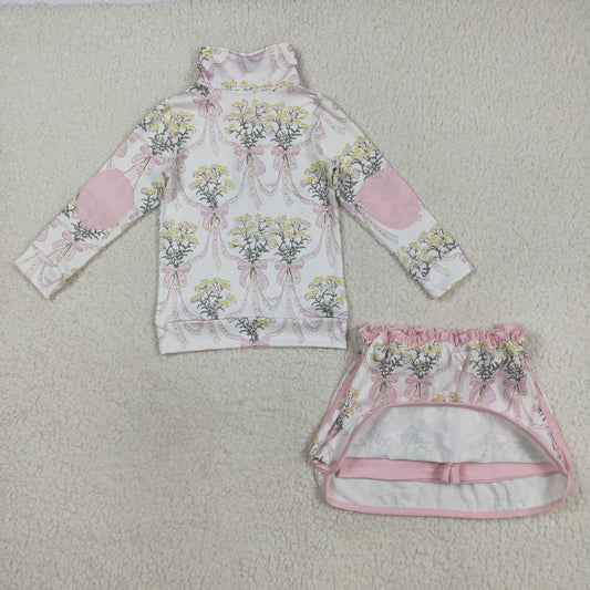 GLD1078 Baby Girls Long Sleeves Light Pink Bows Floral Plaid Zipper Top Skirts Set  C8.14