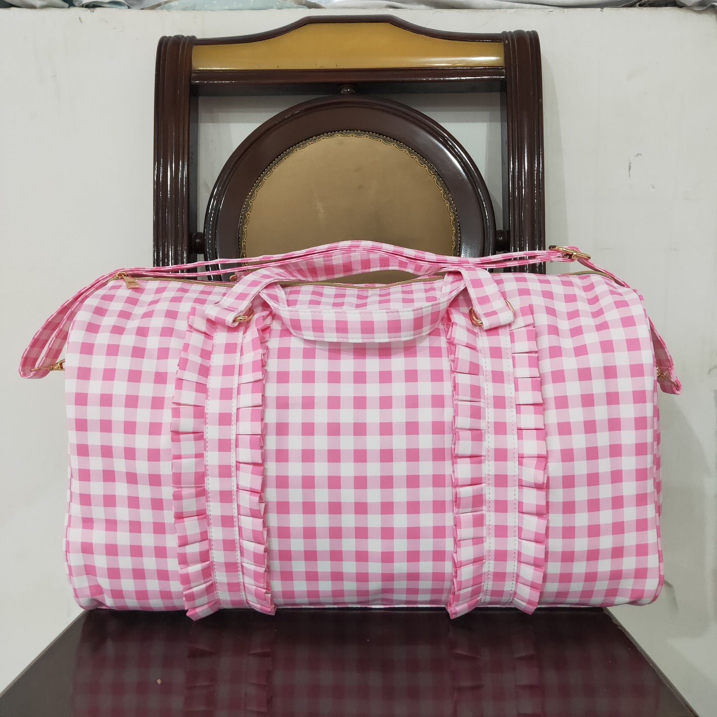 BA0302 Pink Checkered Print Gym Duffle Bags 5.5
