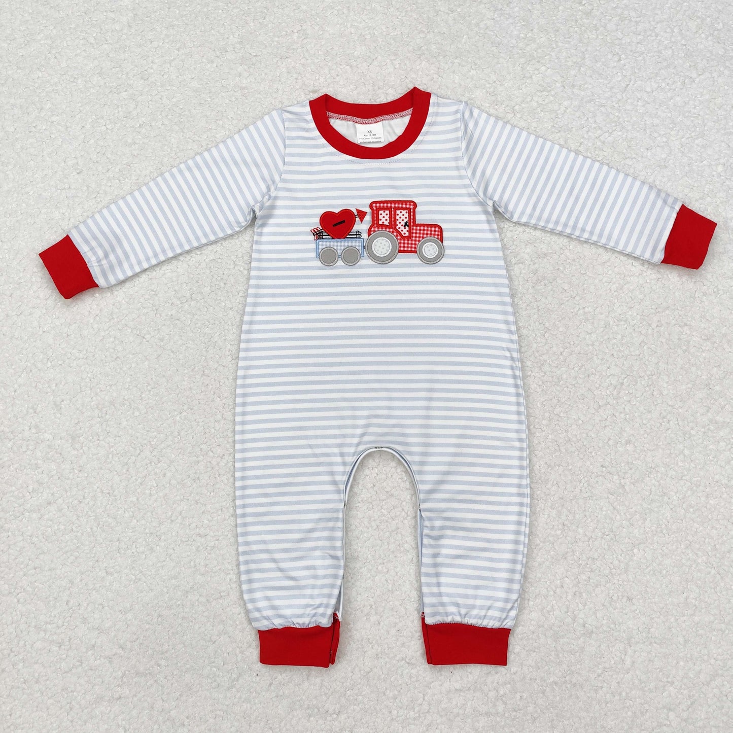 LR1924 Baby Infant Boys Embroidery Valentines Grey Stripes Hearts Romper