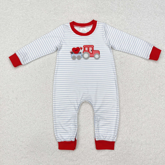 LR1924 Baby Infant Boys Embroidery Valentines Grey Stripes Hearts Romper