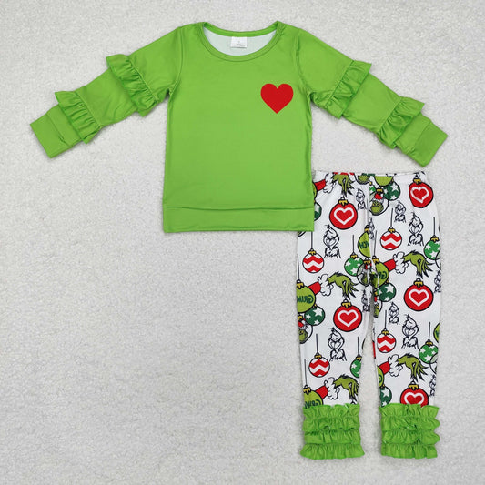 GLP2089 Baby Girls Green Christmas Heart Ruffle Shirt Legging Clothes Set