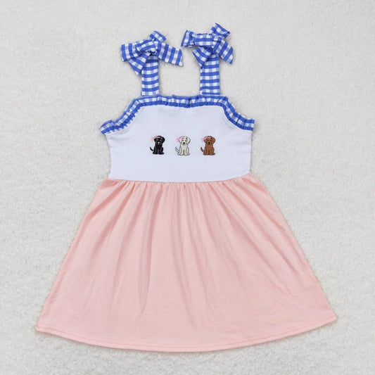 GSD0834 Embroidered three-bow puppy blue white plaid pink halter dress