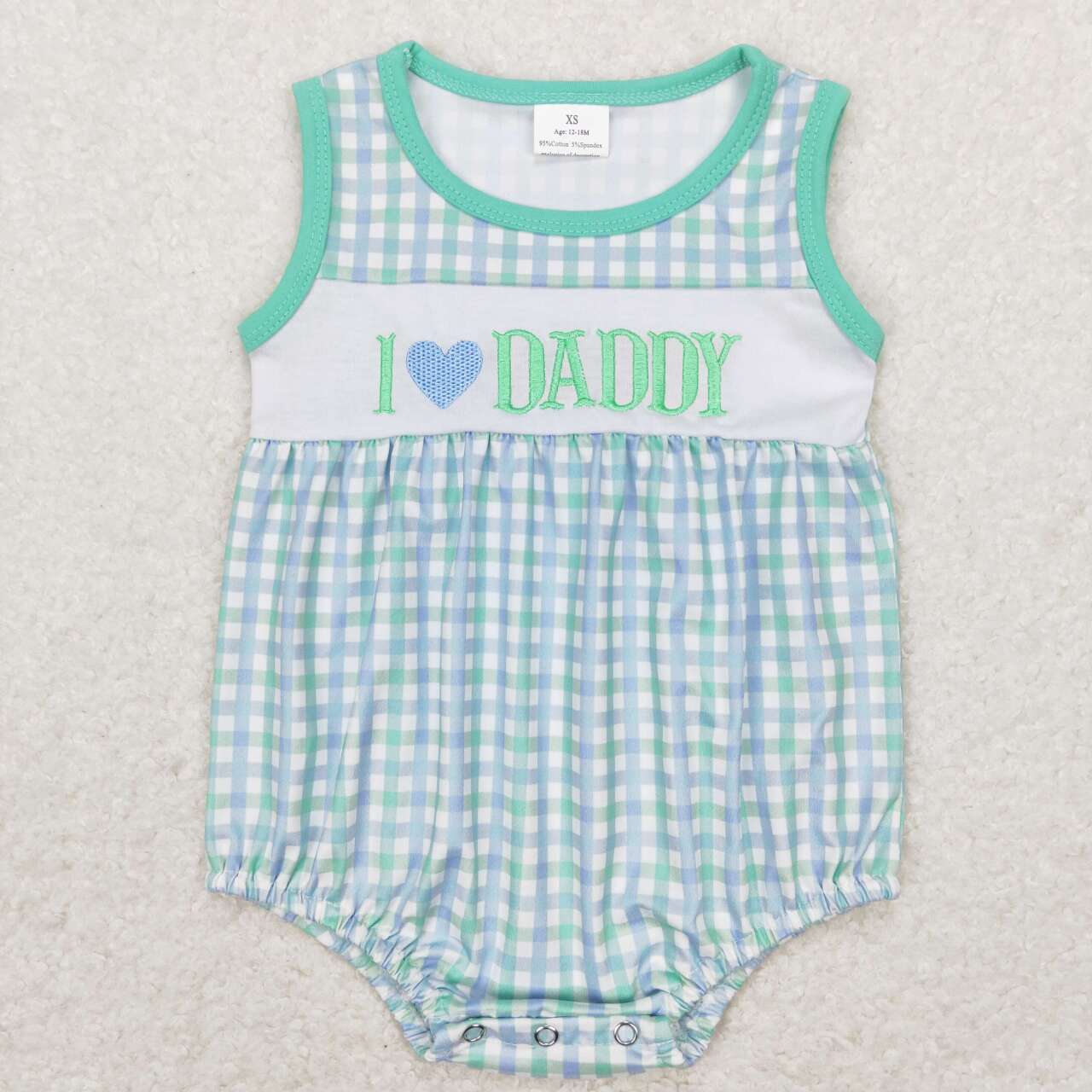 sr0714 Embroidered letter-teal checkered sleeveless onesie