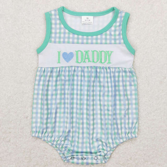 sr0714 Embroidered letter-teal checkered sleeveless onesie