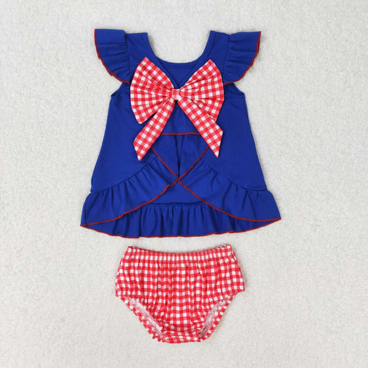 GBO0311 4th of July Embroidered flag bow navy blue flying sleeve red and white checkered briefs set