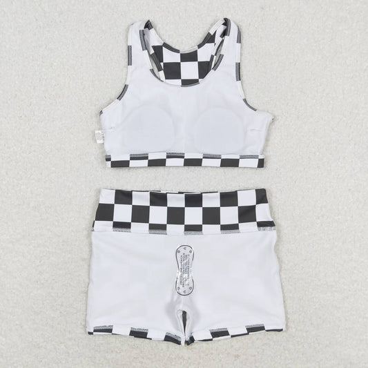 GT0522+SS0219 Black and white plaid sleeveless top shorts yoga set