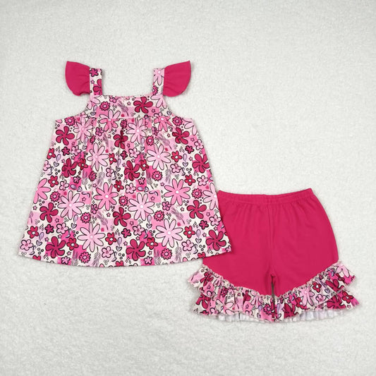 GSSO1005 Floral fuchsia lace sleeveless shorts set