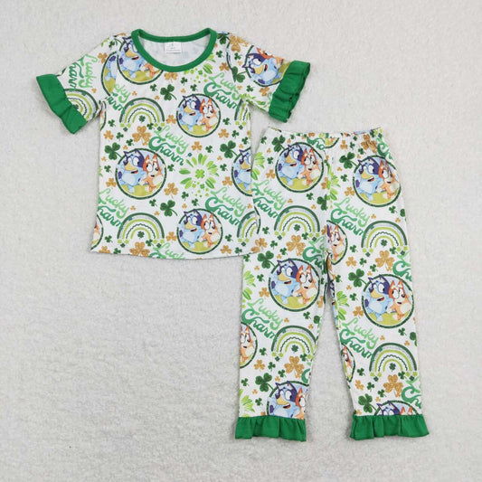 GSPO1112 Cartoon dog Four-leaf Clover lace white green short-sleeved pants suit