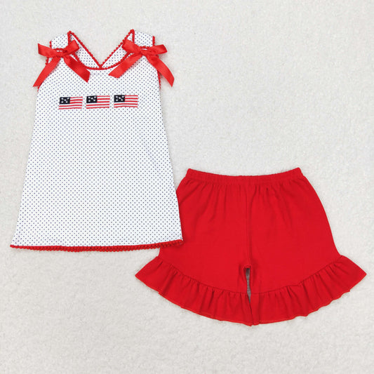 GT0599+SS0269 4th of July Embroidered flag polka dot white sleeveless top red lace shorts suit