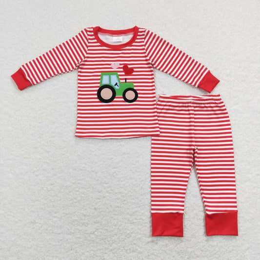 BLP0438 Embroidery Love Tractor Red and White Striped Long Sleeves and Trousers Suit