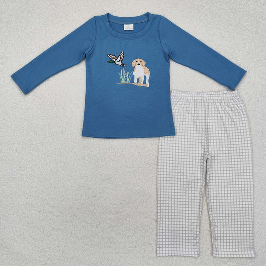 BLP0919 Baby Boys Blue Dog Duck Hunting Southern Tops Pants Clothes Set