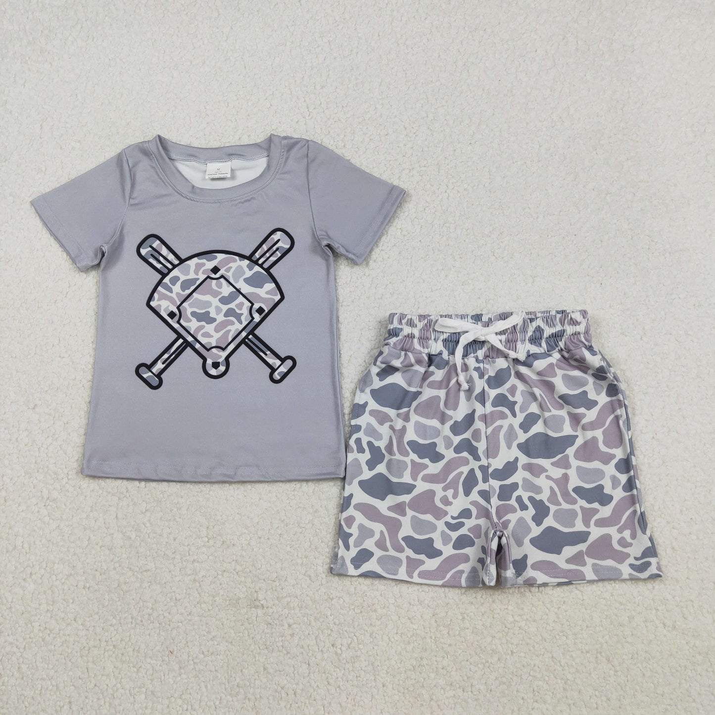 BT1421+SS0730 Baby Boys Grey Camo Baseball Top Shorts Team Clothes Set C11.29