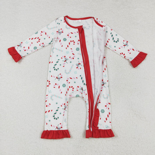 LR1842 Baby Infant Girls Christmas Candy Cane Red lLace Long Sleeve Zip Romper