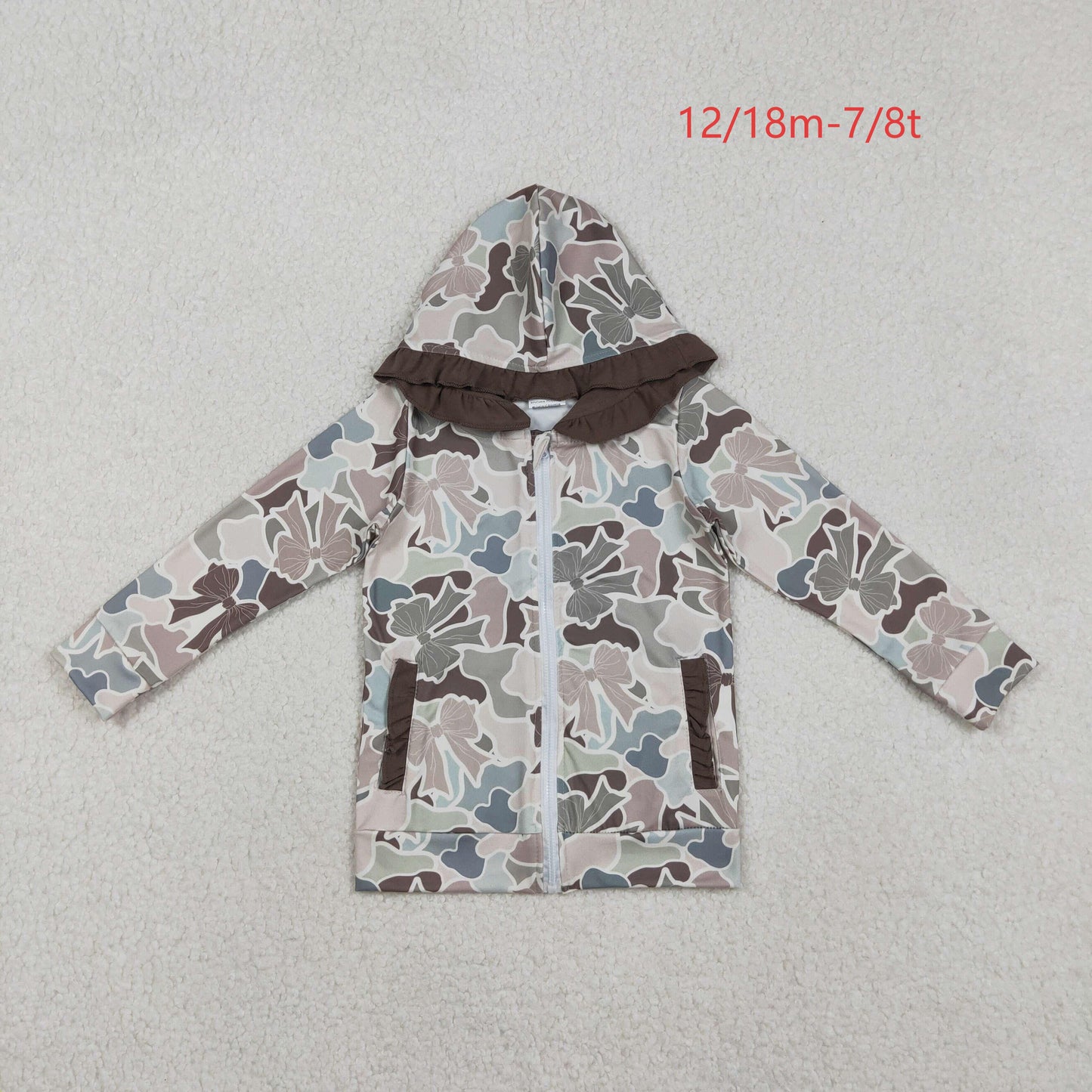 GT1263 Baby Girls Grey Bows Camo Pockets Zipper Ruffle Hoodies Top C11.10