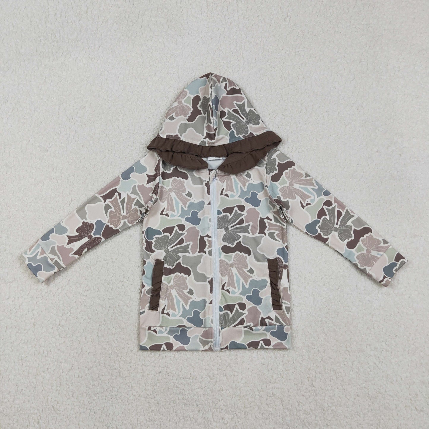 GT1263 Baby Girls Grey Bows Camo Pockets Zipper Ruffle Hoodies Top C11.10