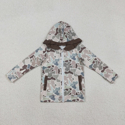 GT1263 Baby Girls Grey Bows Camo Pockets Zipper Ruffle Hoodies Top C11.10