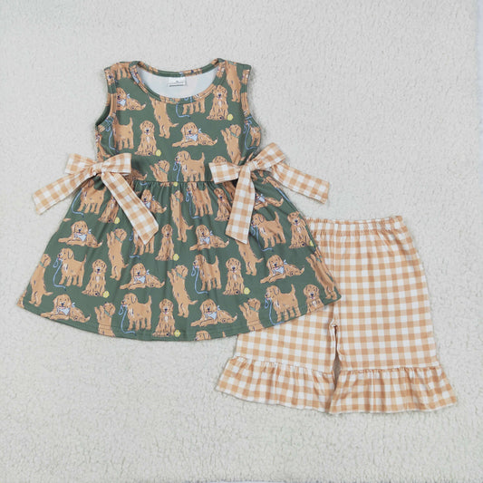 GSSO2449 Baby Girls Green Sleeveless Dogs Bows Tunic Khaki Plaid Ruffle Short Set 5.9