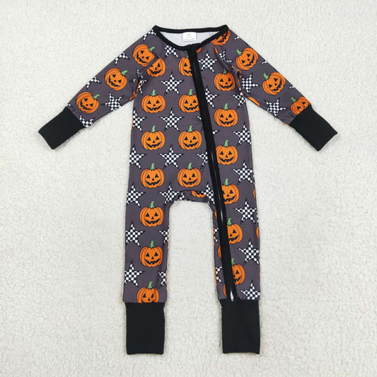 LR2464 Baby Boys Long Sleeves Plaid Stars Pumpkins Zipper Pant Romper C8.20
