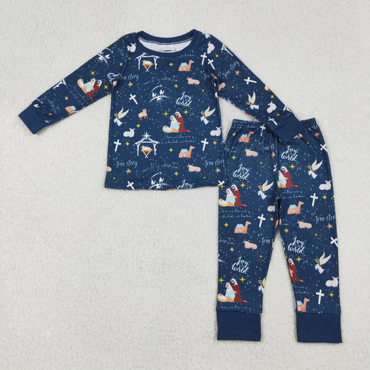 BLP1198 Baby Boys Hot Blue Nativity Top Pant Christmas Pajamas Set C9.8