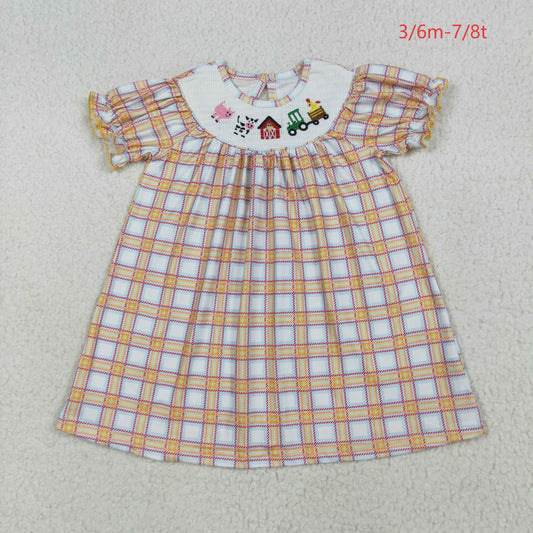 GSD2276 Baby Girls Orange Plaid Short Ruffle Sleeves Smocked Cows Pigs Farm Knee Length Dress 7.10