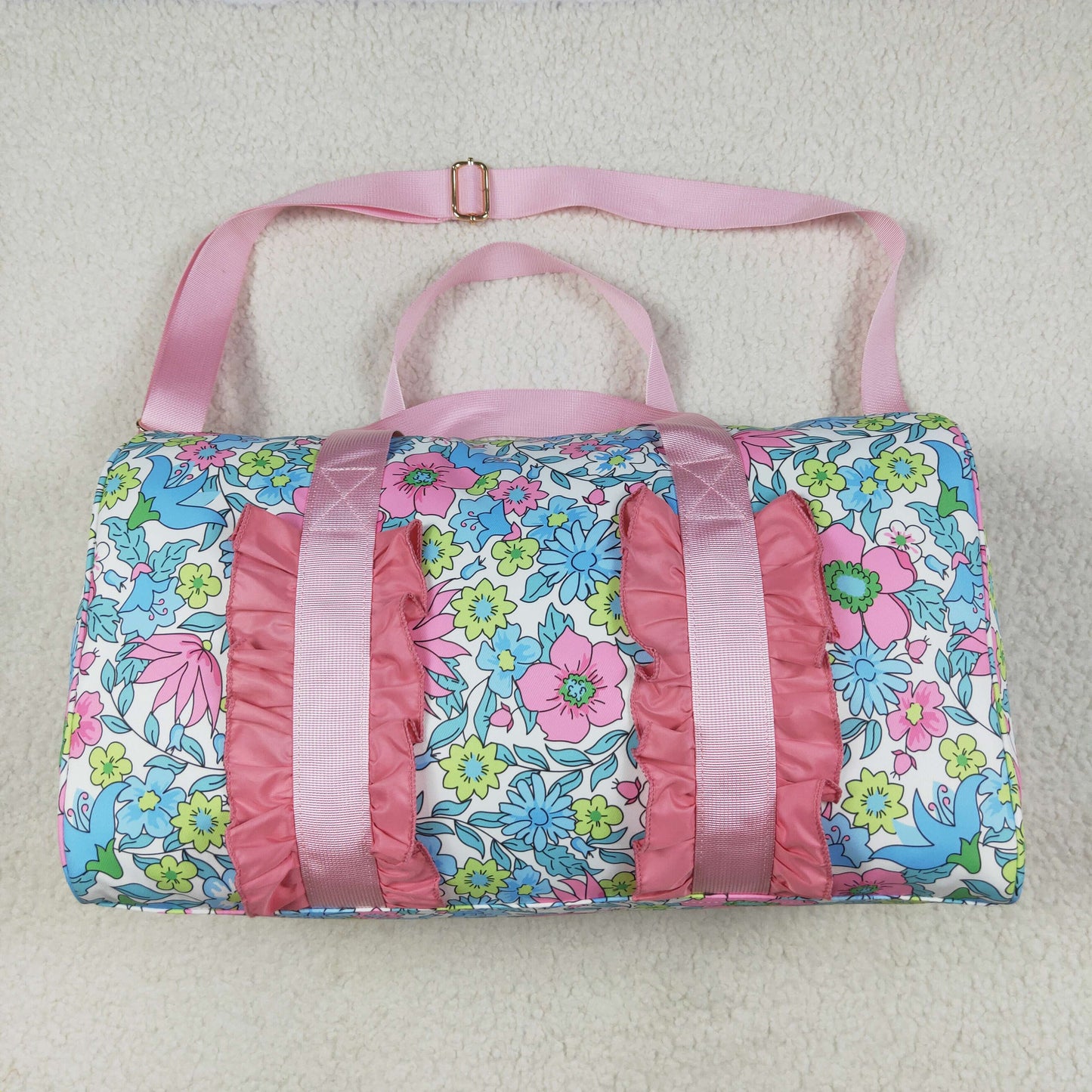 BA0291 Pink Ruffle Blue Floral Print Gym Duffle Bag 7.7