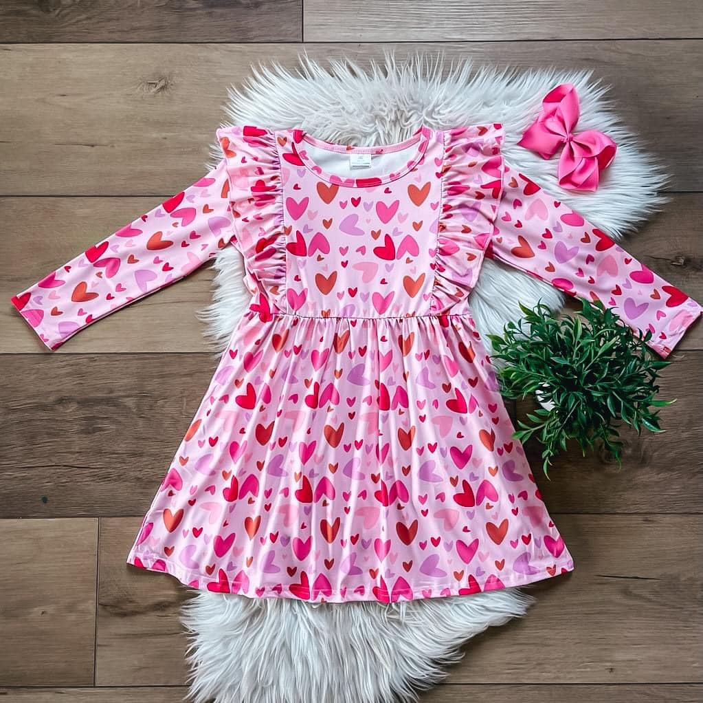GLD0460 Baby Girls Valentines Hearts Pink Red Knee Length Dress