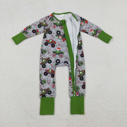 LR2669 Baby Boys Trucks Candy Cane Christmas Zipper Footie Romper C11.3