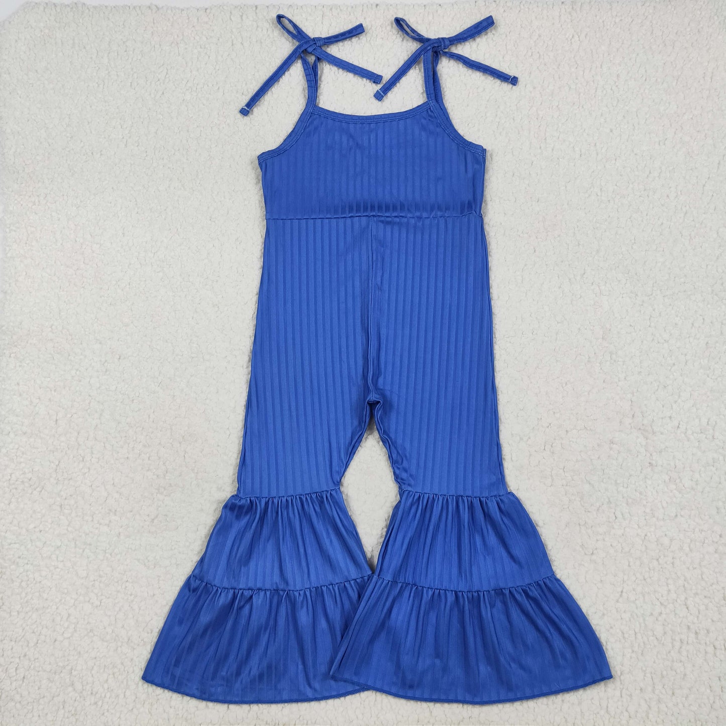 SR3158 Baby Girls Hot Blue Strap Bell Bottom Ribbed Jumpsuit 7.17
