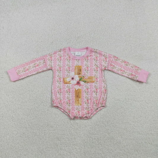 LR2837 Baby Girls Pink Flowers Stripe Cross Easter Romper C12.1
