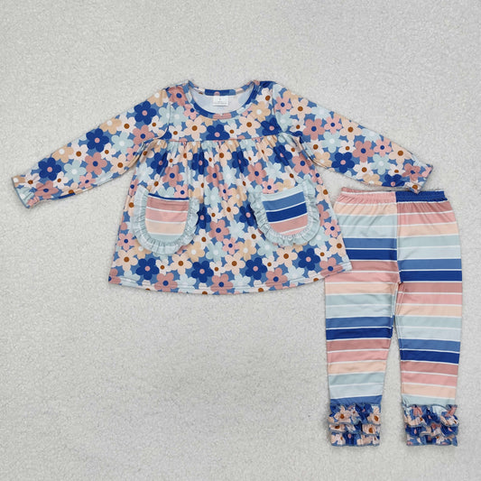 GLP2144 Baby Girls Blue Flowers Pockets Tunic Top Legging Clothes Set