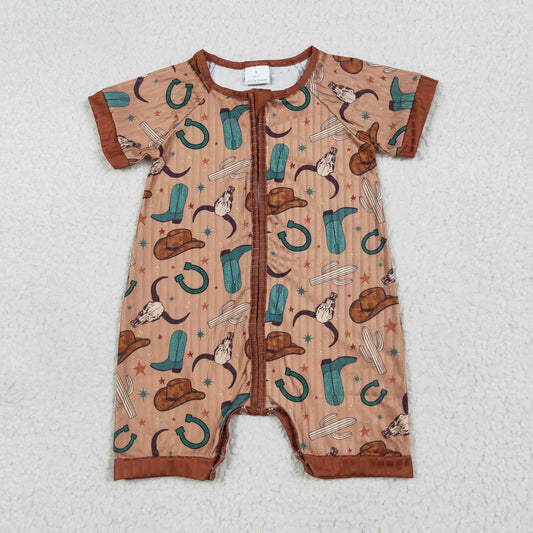 SR3155 Baby Girls Short Sleeves Brown Boots Hats Western Bull Zipper Romper 7.12