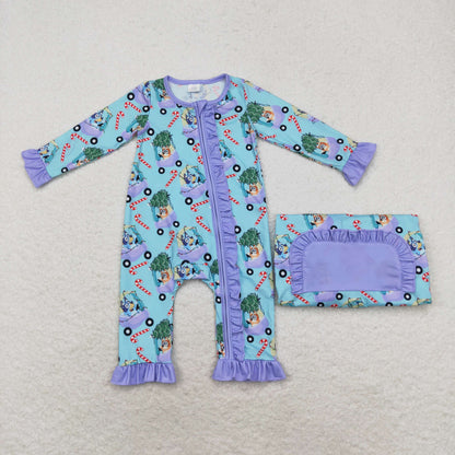 LR1419 Bamboo Cartoon dog Christmas Tree car crutch Purple lace blue zipper long-sleeved onesie