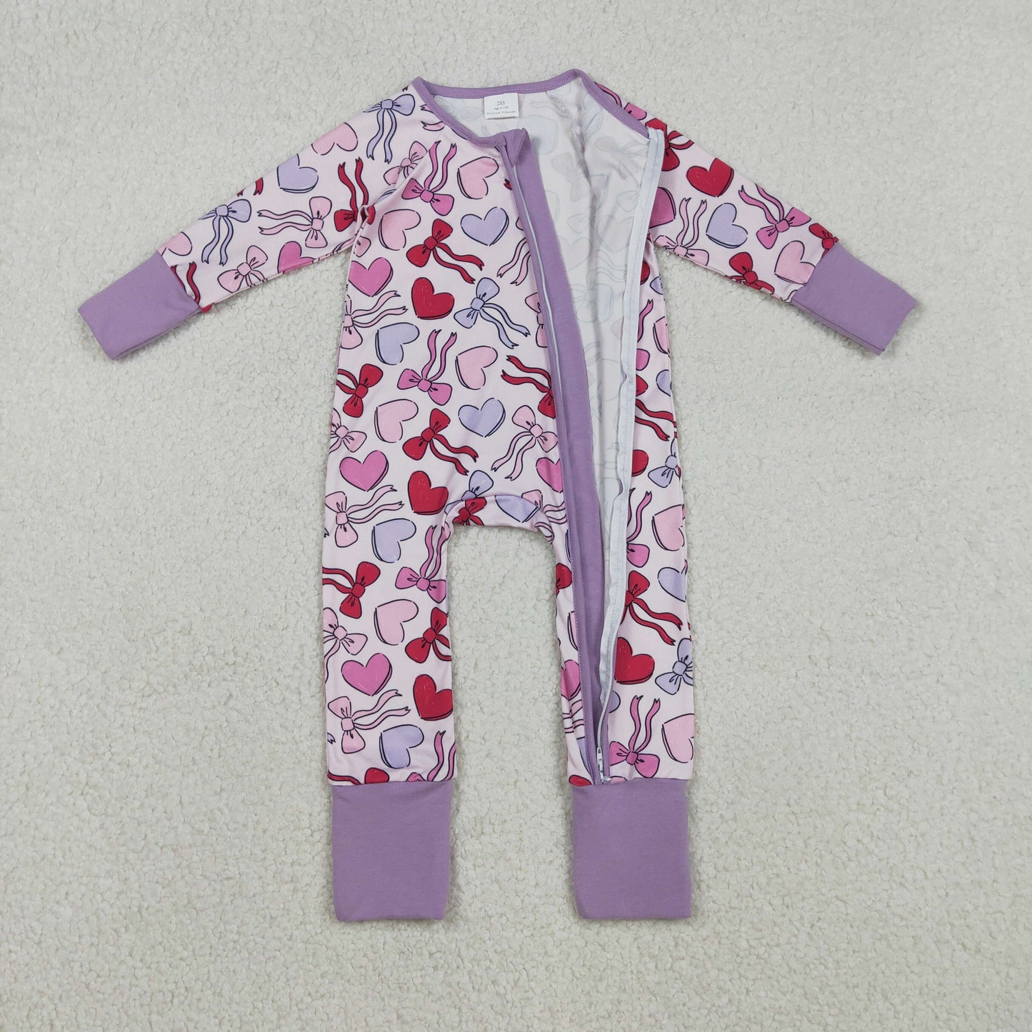 LR2883 Baby Girls Long Sleeve Hearts Bows Valentines Two Way Zip Convertible Romper C12.3