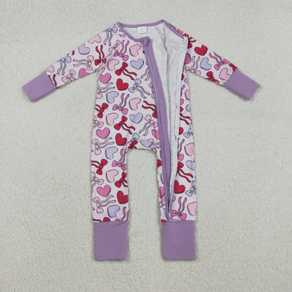 LR2883 Baby Girls Long Sleeve Hearts Bows Valentines Two Way Zip Convertible Romper C12.3