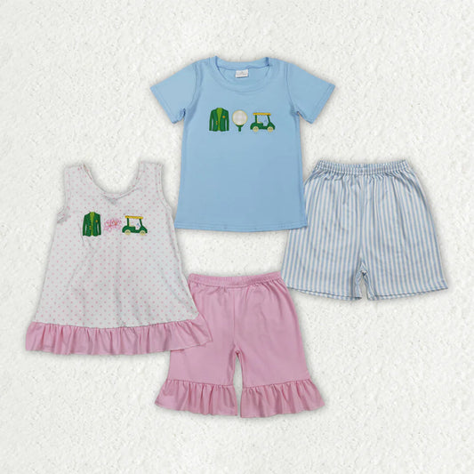 RTS Sibling Baby Boys Girls Embroidery Golf Trucks Top Shorts Clothes Sets