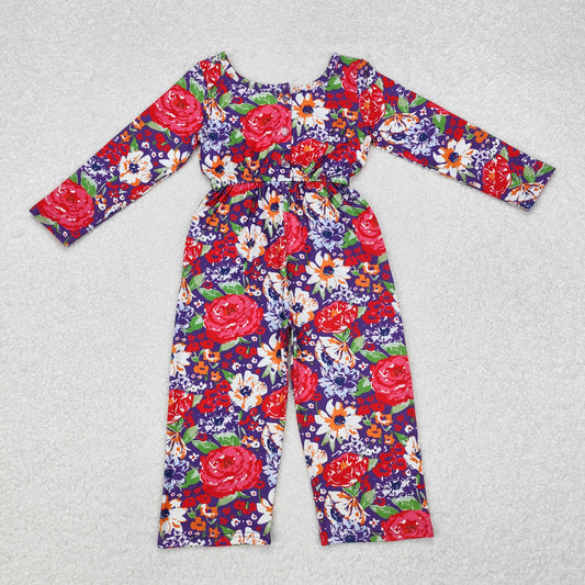 LR1835 Baby Girls Red Purple Flowers Long Sleeve Fall Jumpsuit