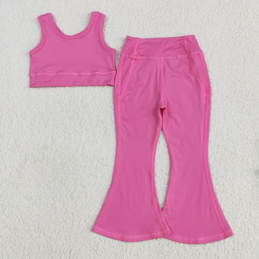 GSPO2002 Baby Girls Dark Pink Yoga Vest Bell Bottom Pants Active Wear Clothes Set 5.22