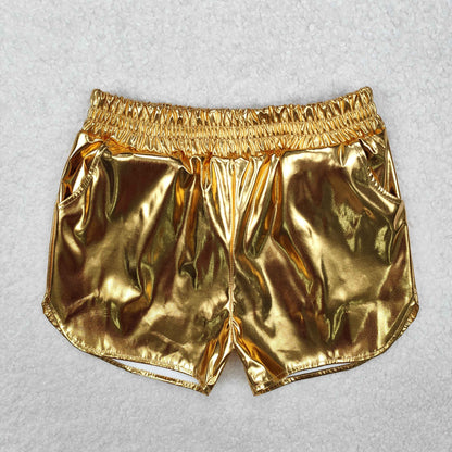 SS0417 Baby Girls Metallic Golden Pocket Leather Elastic Bottom Shorts