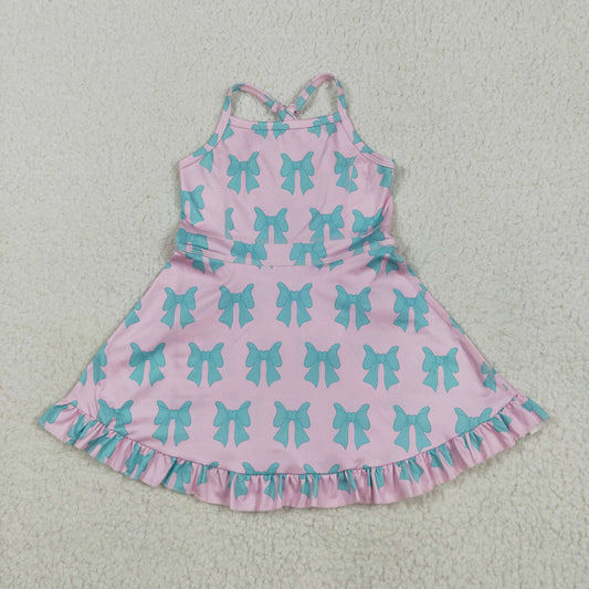 GSD2293 Baby Girls Pink Strap Green Bows Yoga Ruffle Knee Length Dress 5.23