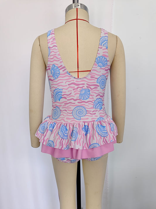 S0274 Shell wave pink bow one-piece swimsuit