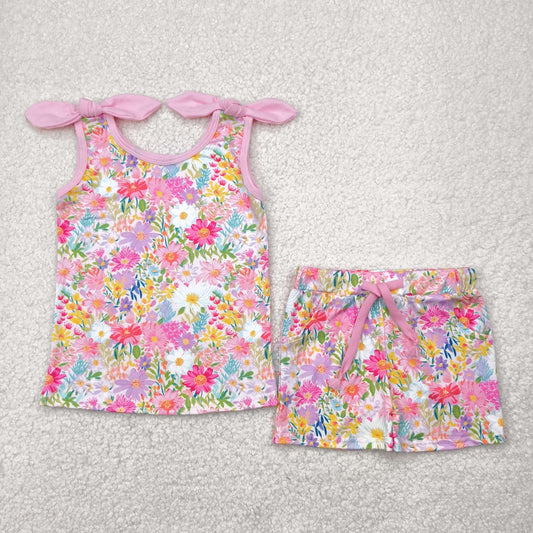 GSSO2551 Baby Girls Pink Bows Strap Floral Top Pockets Short Set 5.2