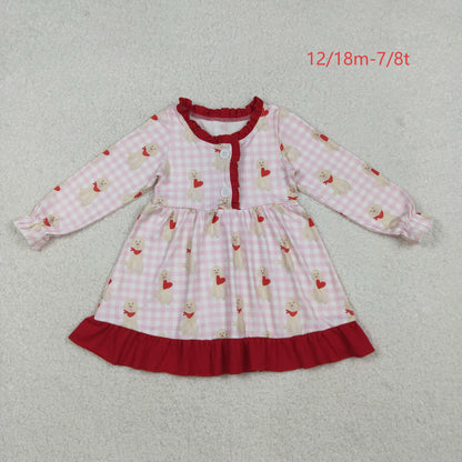 GLD1322 Baby Girls Pink Checked Dogs Hearts Button Ruffle Valentine Knee Length Dress C10.20